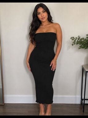 Strapless Black Smocked Midi Dress